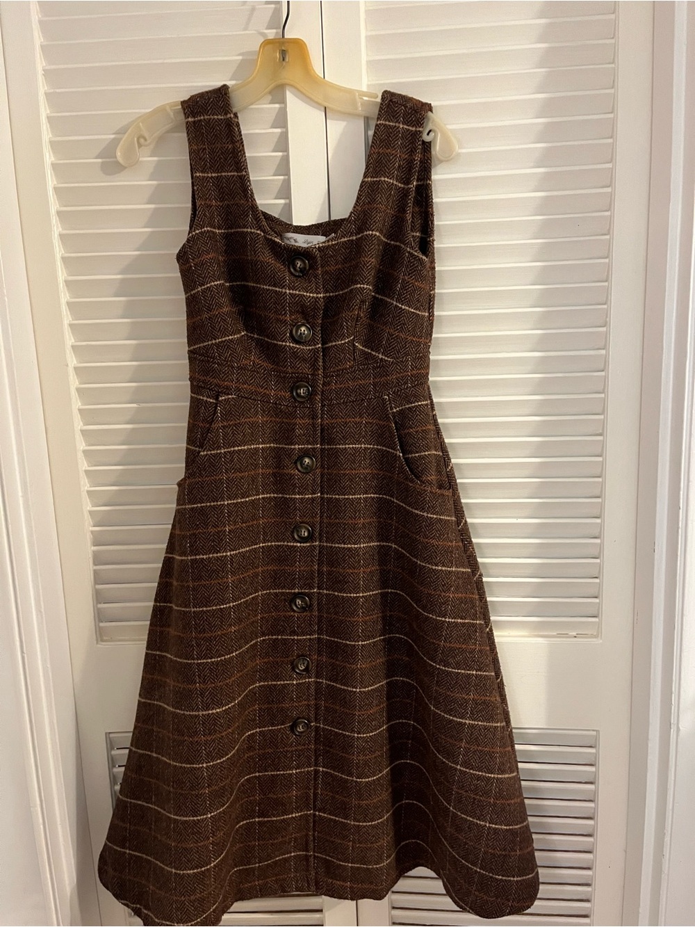 Brown Plaid Button-Front A-Line Wool Dress